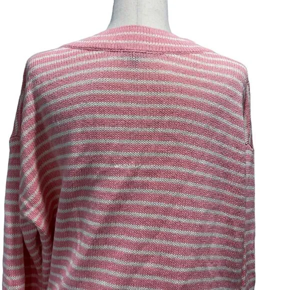 Talbots Sweater 1X Women's Pink & White Striped V-Neck Linen Cotton Longsleeve - Picture 8 of 9